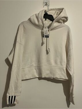 adidas Cream Cropped Hoodie with Stripe Cuff